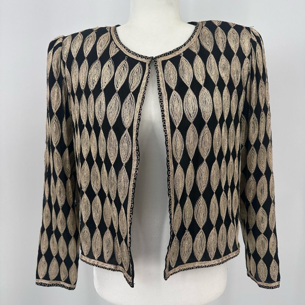 VTG Stenay Black/Gold/Cream Silk Jacket WMNS L Wheat Diamond Embroidered Lined